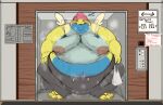  anthro areola belly biped blush bodily_fluids clothing detailed_background dunsparce elevator embarrassed generation_2_pokemon hat headgear headwear hi_res male moobs musk navel nintendo nipples obese onetonhalfshell overweight pokemon pokemon_(species) public solo sweat sweatpants 
