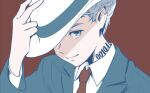 1boy awarin blue_eyes blue_suit closed_mouth collared_shirt looking_at_viewer male_focus neck_tattoo necktie norman_(yakusoku_no_neverland) number_tattoo one_eye_covered red_background red_necktie shirt solo suit tattoo white_hair white_headwear white_shirt yakusoku_no_neverland 