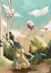  absurdres black_eyes cloud combee commentary_request day drifloon flying grass highres leaf_(pixiv17652941) leafeon no_humans outdoors pachirisu path pokemon pokemon_(creature) sky tree wind_turbine 