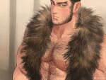  1boy abs bara black_hair chest_hair closed_mouth facial_hair golden_kamuy large_pectorals long_sideburns looking_at_viewer male_focus muscular muscular_male nopinzo pectorals short_hair sideburns solo tanigaki_genjirou twitter_username 