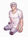  1boy 2608337875 absurdres amputee bandage_over_one_eye bandaged_arm bandaged_leg bandages bleeding blood blood_on_bandages blue_eyes grey_hair hair_down highres hospital_gown jean_pierre_polnareff jojo_no_kimyou_na_bouken male_focus solo triple_amputee vento_aureo 