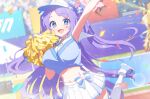  1girl absurdres arm_up blue_archive blue_eyes blurry blurry_background blush breasts cheerleader confetti hair_ornament hanae_(blue_archive) hanae_(cheer_squad)_(blue_archive) hat heart highres holding holding_pom_poms kaerunrun large_breasts long_hair looking_at_viewer midriff open_mouth pleated_skirt pom_pom_(cheerleading) purple_hair shoes skirt sleeveless solo thighhighs two_side_up very_long_hair visor_cap white_skirt white_thighhighs x_hair_ornament 