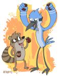  2013 anthro avian beak beverage beverage_can bird black_beak black_nose blue_body blue_feathers brown_body brown_fur cartoon_network detailed_background duo feathers fur hi_res holding_beverage holding_object male mammal mordecai_(regular_show) open_mouth procyonid raccoon regular_show rigby_(regular_show) rthur signature simple_background teeth_showing tongue_showing white_background 