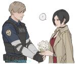  ! 1boy 1girl ada_wong artist_name black_choker black_gloves black_hair blonde_hair blue_shirt bouquet breasts bulletproof_vest choker collared_shirt dress fingerless_gloves flower gloves holding holding_bouquet jacket jacket_on_shoulders leon_s._kennedy medium_breasts parted_bangs parted_lips police police_uniform red_dress resident_evil resident_evil_4 sardine_(kjr0313) shirt shirt_under_shirt short_hair signature smile spoken_exclamation_mark uniform upper_body watch white_background white_flower white_shirt wristwatch 