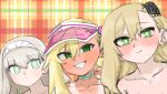  3girls asymmetrical_bangs blonde_hair blush character_request choker closed_mouth collarbone derivative_work empty_eyes evil_grin evil_smile expressionless full-face_blush green_choker green_eyes grin hairband highres insect_hair_ornament light_blush long_hair looking_at_viewer matangom matangomu-chan multiple_girls nude oniichan_no_koto_nanka_zenzen_suki_janain_dakara_ne!! original out-of-frame_censoring parody pillbug plaid plaid_background portrait raised_eyebrow single_sidelock smile tan tanlines visor_cap white_hairband 