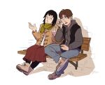  1boy 1girl 2017 airpods black_hair black_leggings boots brown_hair cellphone coat denim english_commentary eyelashes gittetj hood hoodie jeans kurata_tome leggings mob_psycho_100 open_mouth pants phone scarf shoes short_hair shrugging skirt smartphone sneakers takenaka_momozou talking wireless_earphones 