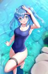  1girl armpits barefoot blue_eyes blue_hair blue_one-piece_swimsuit breasts feet hair_ornament highres kawashiro_nitori looking_at_viewer looking_up oekaki_iorin one-piece_swimsuit open_mouth river smile solo swimsuit thighs touhou 
