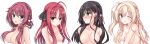  4girls :q absurdres ahoge amairo_islenauts aqua_eyes black_bow black_hair blonde_hair blush bow braid breasts breasts_apart cafe_stella_to_shinigami_no_chou cleavage closed_mouth collarbone commentary_request company_connection completely_nude crossover dracu-riot! embarrassed eyelashes eyes_visible_through_hair flower frown furrowed_brow hair_between_eyes hair_bow hair_censor hair_flower hair_intakes hair_ornament hair_ribbon hair_scrunchie hairclip highres igarashi_kenji large_breasts long_hair looking_at_viewer looking_to_the_side low_twintails maniwa_roka mole mole_under_eye multiple_crossover multiple_girls nose_blush nude one_eye_closed one_side_up open_mouth orange_eyes parted_bangs pink_ribbon pink_scrunchie purple_hair red_hair ribbon rose scrunchie senren_banka shiki_natsume shiny_skin shirley_warwick shy side_braid sidelocks simple_background single_braid smile straight_hair sweatdrop tongue tongue_out trait_connection twintails upper_body upturned_eyes very_long_hair wavy_mouth white_background white_bow white_flower white_rose yarai_miu yellow_eyes yuzu-soft 