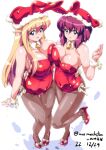  2girls animal_ears bell black_pantyhose blonde_hair breasts cleavage dated elf fake_animal_ears hat henrietta_de_tristain high_heels large_breasts leg_lift leotard long_hair multiple_girls nafta neck_bell pantyhose playboy_bunny pointy_ears purple_hair rabbit_ears red_footwear red_leotard santa_hat signature simple_background tiffania_westwood wrist_cuffs zero_no_tsukaima 