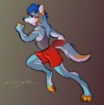  absurd_res anthro arctic_wolf black_clothing black_shirt black_topwear blue_hair bottomwear canid canine canis clothing falcon_woodwere fur hair hi_res jogging male mammal multicolored_body multicolored_fur red_bottomwear red_clothing red_eyes red_shorts running shirt shorts solo topwear unknown_artist wolf 