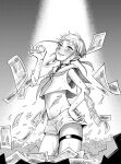  1boy androgynous bare_shoulders black_choker blush braid choker dollar_bill greyscale hand_on_hip highres hyperinflation looking_at_viewer luke_(hyperinflation) male_focus money monochrome navel okotatsu open_mouth otoko_no_ko pointy_ears short_hair_with_long_locks shorts twin_braids 