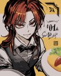  1boy artist_name bishounen black_bow black_bowtie bow bowtie character_name closed_mouth commentary_request dated food grey_vest highres holding holding_plate ichijou_seiya joukyou_seikatsuroku_ichijou kaiji lettuce long_hair long_sleeves looking_at_viewer male_focus medium_bangs name_tag omelet omurice parted_bangs plate red_eyes red_hair shirt smile solo unknown03162 upper_body vest waiter white_shirt 