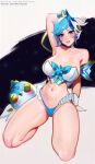  1girl arm_behind_head arm_up artist_name ball bare_shoulders bird blue_panties blush breasts cleavage detached_sleeves gloves green_hair hair_bun highres large_breasts league_of_legends lingerie looking_at_viewer merellyne navel orianna_(league_of_legends) panties shiny_skin short_hair single_hair_bun solo space star_guardian_(league_of_legends) star_guardian_orianna stomach teeth underwear web_address white_background white_gloves 