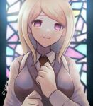  1girl ahoge akamatsu_kaede artist_name blonde_hair blush breasts brown_necktie closed_mouth commentary_request danganronpa_(series) danganronpa_v3:_killing_harmony hair_ornament hands_up highres long_hair long_sleeves looking_at_viewer musical_note musical_note_hair_ornament necktie shirt smile solo tearing_up toyatopa window 
