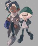  2girls bag baozi beanie coat couple dark-skinned_female dark_skin eating food green_eyes grey_background hat heart heart-shaped_pupils highres holding_another&#039;s_arm interracial jacket lat_latte71 light_blush looking_at_another marina_(splatoon) multiple_girls octarian pants pearl_(splatoon) shoes shopping_bag simple_background smile snow splatoon_(series) splatoon_2 suction_cups symbol-shaped_pupils tentacle_hair yellow_eyes yuri 