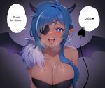  1girl absurdres bat_wings blue_hair breasts cum cum_in_mouth cum_on_body cum_on_breasts cum_on_tongue dark-skinned_female dark_skin demon_tail english_text eyepatch fangs fur_trim fyirkingdomsis genderswap genderswap_(mtf) genshin_impact gloves hair_between_eyes highres kaeya_(genshin_impact) large_breasts long_hair pointy_ears purple_eyes smile speech_bubble tail tongue tongue_out wings 