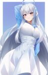  absurdres alternate_costume blue_archive blue_background dress halo highres k_cyp long_hair looking_at_viewer mechanical_ears mechanical_halo noa_(blue_archive) purple_eyes simple_background white_background white_dress white_hair 