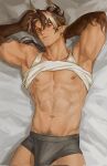  1boy abs aixiwuganda_(20222192) arknights bara bare_pectorals black_hair black_male_underwear boxer_briefs brown_hair bulge chong_yue_(arknights) clothes_lift cowboy_shot dragon_boy dragon_horns erection erection_under_clothes from_above head_tilt highres horns long_hair looking_at_viewer lying male_focus male_underwear mature_male multicolored_hair muscular muscular_male navel navel_hair nipples on_back on_bed pectorals pointy_ears red_eyes shirt_lift solo sparse_navel_hair stomach streaked_hair thick_eyebrows underwear 