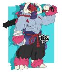  4_fingers ancient_art ancient_pokemon anthro bottomwear clothing collar fingers generation_9_pokemon great_tusk grey_body horn male muscular muscular_male nintendo pants paradox_pokemon pokemon pokemon_(species) red_eyes simple_background solo tattoorexy trunk tusks weapon 