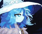  1girl blue_eyes blue_hair blue_skin cloak closed_mouth colored_skin cracked_skin elden_ring extra_faces fur_cloak hat light_frown minimilieu night open_mouth pixel_art portrait ranni_the_witch short_hair sky smile solo star_(sky) starry_sky white_headwear witch_hat 