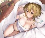  1girl bare_arms bare_shoulders black_panties blanket blonde_hair breasts cleavage genshin_impact hand_up large_breasts lumine_(genshin_impact) navel no_pants panties parted_lips ry_thae shirt short_hair sleeveless sleeveless_shirt solo stomach strap_slip thighs under_covers underwear white_shirt yellow_eyes 