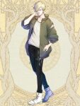  1boy black_pants blonde_hair blue_eyes dairoku_ryouhei fujimoto_kishino hair_over_one_eye hand_up holster jacket male_focus open_clothes open_jacket pants shirt shoes sneakers solo standing thigh_holster thumb_in_pocket white_footwear white_shirt yellow_background zipper 