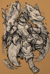  abs absurd_res accessory anthro anthro_focus arm_wraps armor bandage canid canine canis clothed clothing domestic_dog fangs fantasy fantasy_weapon fluffy fur hair hi_res holding_melee_weapon holding_object holding_weapon horn jwbash legwear looking_at_viewer male mammal melee_weapon muscular muscular_male pecs sand scar sketch solo teeth weapon wraps 