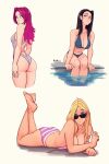  3girls absurdres ass barefoot bikini black_hair blonde_hair blue_eyes breasts competition_swimsuit english_commentary full_body green_eyes highres long_hair looking_at_viewer lying medium_breasts multiple_girls navel on_stomach one-piece_swimsuit original purple_eyes raichiyo33 red_hair sitting striped striped_bikini sunglasses swimsuit the_pose untied untied_bikini 