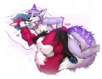  absurd_res anthro blue_eyes blush canid canine collar duo f-r95 fluffy fluffy_tail fur grey_body grey_fur hi_res licking male male/male mammal pawpads red_body red_fur simple_background tail tongue tongue_out 