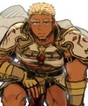  1boy alternate_facial_hair armor bara blonde_hair blush breastplate crave_saga dark-skinned_male dark_skin excalibur_(crave_saga) eyebrow_cut facial_hair forked_eyebrows goatee knight looking_at_viewer male_focus mature_male muscular muscular_male nattukre on_one_knee pectorals short_hair solo thick_eyebrows 