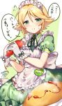  1girl apron artist_name blonde_hair blush bow breasts dress dress_bow flying_sweatdrops food frilled_apron frills gloves green_background green_dress green_eyes green_ribbon grid_background highres holding idolmaster idolmaster_cinderella_girls idolmaster_cinderella_girls_starlight_stage ketchup large_breasts looking_at_viewer maid_apron maid_headdress mmmakaron888 musical_note name_tag neck_ribbon omelet omurice open_mouth plate ribbon short_hair short_sleeves simple_background solo speech_bubble sweatdrop umeki_otoha 