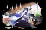  1girl absurdres black_cat black_hair black_pantyhose blue_archive blue_dress blue_eyes blue_hair breasts cat coat colored_inner_hair dress glasses gloves grand_piano halo high_heels highres indoors instrument large_breasts long_hair looking_at_viewer multicolored_hair najiu_jiao_xiaolan_ba pantyhose paper piano pointy_ears rin_(blue_archive) sitting solo straight_hair two-tone_hair very_long_hair white_coat white_dress white_footwear white_gloves wooden_floor yokozuwari 
