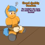  arisenleaf blue_hair breast_forms english_text feral floor fluffy_pony fur hair hi_res male orange_body orange_fur prosthetic_breasts red_eyes solo text wood wood_floor 