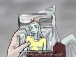  2023 amber_eyes anthro bow_(feature) clothing detailed_background digital_drawing_(artwork) digital_media_(artwork) dinosaur dress duo fang_(gvh) feathered_wings feathers female fingers first_person_view goodbye_volcano_high grey_body grey_scales hair hi_res human human_pov long_hair looking_at_object looking_at_photo male mammal photo pterodactylus pterosaur reptile scales scalie silver_hair snoot_game_(fan_game) snout unknown_artist wings 