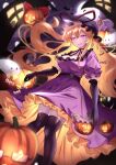  black_gloves black_thighhighs blonde_hair breasts chen dress elbow_gloves frilled_dress frills full_moon ghost gloves hakurei_reimu halloween hat highres jack-o&#039;-lantern long_hair mob_cap moon puffy_short_sleeves puffy_sleeves pumpkin purple_dress purple_eyes rinkaito1231 saigyouji_yuyuko short_sleeves standing thighhighs touhou yakumo_ran yakumo_yukari 