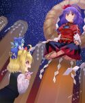  3girls araki_(qbthgry) black_dress blonde_hair blue_dress blue_hair cirno dress hair_ornament happy highres leaf_hair_ornament medium_hair mini_person minigirl mirror multiple_girls onbashira purple_hair red_eyes rope rumia sandals shide shimenawa sky star_(sky) starry_sky tanabata touhou translated yasaka_kanako 