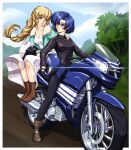  1990s_(style) 2girls alternate_costume bare_shoulders biker_clothes bikesuit black_bodysuit blonde_hair blue_eyes blue_hair bodysuit boots border braid braided_ponytail breasts brown_footwear catria_(fire_emblem) cleavage commission dress fire_emblem fire_emblem:_mystery_of_the_emblem fire_emblem:_three_houses green_eyes helmet highres holding holding_helmet ingrid_brandl_galatea leather_suit long_dress long_hair long_sleeves looking_at_another medium_breasts motor_vehicle motorcycle motorcycle_helmet multiple_girls off_shoulder on_motorcycle outdoors racing_suit retro_artstyle short_hair sirknightbot smile urushihara_satoshi_(style) very_long_hair white_border white_dress 