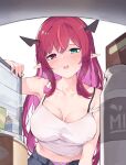  1girl artist_name black_horns blue_pants blurry blush bottle bra_strap breasts can carton collarbone commentary depth_of_field drooling english_commentary green_eyes hair_between_eyes heterochromia highres hololive hololive_english horns irys_(hololive) large_breasts long_hair midriff milk_bottle milk_carton mouth_drool multicolored_hair namiorii navel open_fly open_mouth panties pants panty_peek pink_eyes pink_hair pink_panties pointy_ears purple_hair red_hair refrigerator refrigerator_interior simple_background solo strap_slip streaked_hair sweatdrop tank_top underwear very_long_hair virtual_youtuber white_background white_tank_top 