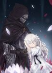  1boy 1girl armor black_cloak black_ribbon blush cloak closed_eyes commentary_request dress ender_lilies_quietus_of_the_knights english_commentary flower full_armor hair_ornament highres hood hood_up hooded_cloak ixia_(ixia424) lily_(ender_lilies) long_hair mixed-language_commentary petals red_flower red_petals ribbon umbral_knight_(ender_lilies) white_dress white_flower white_hair white_petals 