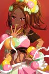  1girl blush brown_hair circlet dark-skinned_female dark_skin fire_emblem fire_emblem_engage flower gbbgb321 hair_flower hair_ornament highres long_hair looking_at_viewer midriff nail_polish navel ponytail red_background red_eyes skirt smile solo timerra_(fire_emblem) 