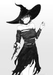  1girl bandages choker fubuki_(one-punch_man) greyscale hand_up hat highres holding holding_wand medium_hair monochrome nail_polish one-punch_man punchingwater skirt solo torn_clothes torn_skirt wand witch witch_hat 