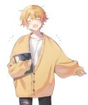  1boy :o baggy_clothes black_leggings black_pants blonde_hair blush book buttons cardigan casual closed_mouth commentary double-parted_bangs facing_viewer holding holding_book leggings long_sleeves male_focus multicolored_hair notice_lines open_mouth orange_cardigan orange_hair pants project_sekai sal shinonome_akito shirt short_hair simple_background solo streaked_hair t-shirt torn_leggings two-tone_hair white_background 