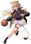  1girl animal_ears basketball black_jacket black_shirt black_socks blue_eyes breasts brown_footwear brown_hair collared_shirt crossed_bangs hair_between_eyes highres jacket large_breasts loafers long_hair looking_at_viewer miniskirt necktie open_clothes open_jacket open_mouth orange_necktie original pleated_skirt puffy_sleeves shirt shirt_tucked_in shoes sidelocks simple_background skirt socks solo tail takunomi thigh_strap white_background white_skirt 