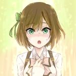  1girl :o arm_at_side assault_lily blush bow bowtie breasts brown_background brown_hair collared_shirt commentary crying crying_with_eyes_open dirty dirty_clothes dirty_face gradient_background green_background green_bow green_eyes hair_between_eyes hair_bow hand_on_own_chest hand_up highres jewelry looking_at_viewer ludvico_private_girls&#039;_academy_school_uniform medium_breasts multicolored_background necklace nose_blush open_mouth pink_bow pink_bowtie saeki_julia_karen school_uniform shirt short_hair solo suspenders tears upper_body urutsu_sahari white_shirt wide-eyed 