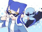  blue_background blue_hair blue_sweater eyelashes holding holding_weapon inkling inkling_girl inuowour long_hair pointy_ears pokemon pokemon_(creature) splatoon_(series) squirtle sunglasses sweater tenta_brella_(splatoon) tongue tongue_out two-tone_background w weapon white_background yellow_eyes 
