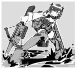  1girl bike_shorts crossbow dated greyscale hair_between_eyes headgear highres holding holding_crossbow holding_weapon jacket kantai_collection monochrome parted_lips rigging short_hair shorts simple_background solo standing taihou_(kancolle) thighhighs uotsu_(sabakou) water weapon 