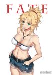  1girl alternate_breast_size bandeau bare_arms bare_shoulders belt black_belt blonde_hair breasts camisole character_name cleavage commentary_request cowboy_shot cutoffs denim denim_shorts fate/apocrypha fate_(series) ge_(zmq67911029) green_eyes large_breasts long_hair looking_at_viewer midriff mordred_(fate) mordred_(fate/apocrypha) navel ponytail short_shorts shorts sidelocks simple_background smile solo spaghetti_strap standing stomach white_background 