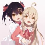  2girls :d ahoge black_hair blonde_hair brown_eyes commentary gradient_background grey_background hair_between_eyes hair_ornament hair_ribbon hairclip highres hug hug_from_behind labcoat long_hair long_sleeves multiple_girls onii-chan_wa_oshimai! open_mouth oyama_mahiro oyama_mihari red_ribbon ribbon same_(sendai623) siblings simple_background sisters smile twintails 