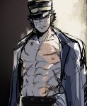  1boy abs aoi_(husiginokuninoa) bara bare_pectorals cowboy_shot golden_kamuy hat hat_over_one_eye highres jacket kepi large_pectorals looking_at_viewer male_focus military_hat muscular muscular_male navel open_clothes open_jacket pectorals scar scar_on_face scar_on_mouth scar_on_nose serious short_hair sketch solo sugimoto_saichi 
