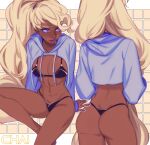  1girl abs arm_support ass big_hair bikini black_bikini blonde_hair blue_hoodie breasts chai_(maplekeurig) character_name cleavage closed_mouth commentary cropped_hoodie dark-skinned_female dark_skin facing_away from_behind highres hood hood_down hoodie knee_up long_hair looking_to_the_side maplekeurig medium_breasts multiple_views nail_polish original patterned_background ponytail purple_eyes purple_lips purple_nails shiny_lips simple_background sitting swimsuit thong thong_bikini turning_head very_dark_skin very_long_hair 